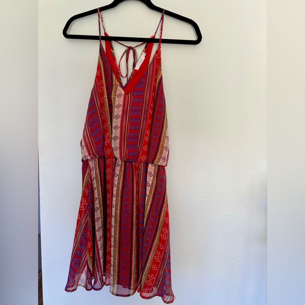 LUSH Boho Red Blue Aztec Spaghetti Strap Racerback Mini Swing Dress Flowy Large